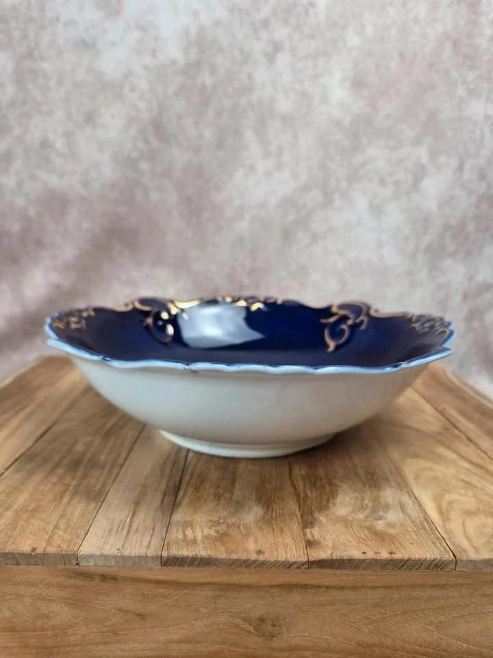 Saladier vintage en porcelaine Porfin Cluj-napoca – bleu cobalt et doré — photo 2