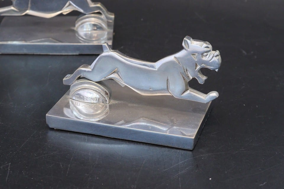 Paire serre-livres Art Déco MORANTE mascottes chiens boxer bronze argenté — foto 6