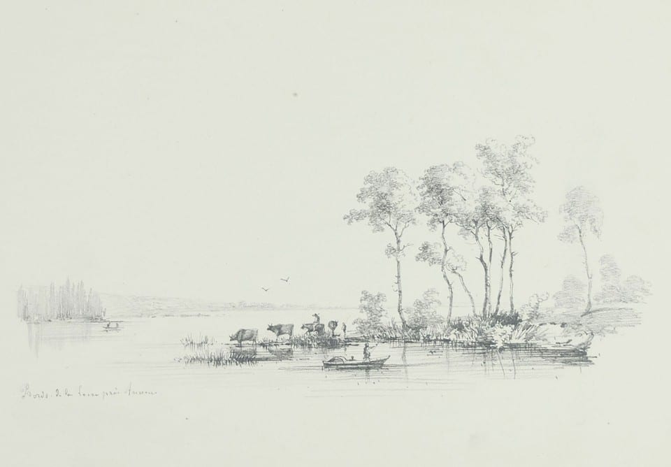 Dessin original milieu XIXe, Bords de Loire près d'Ancenis, Loire-Atlantique