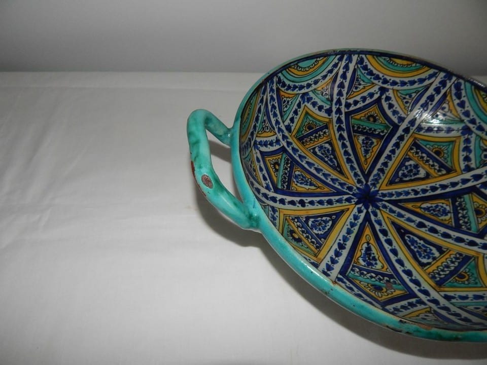 ANCIEN RARE Plat à 2 Anses Faïence Polychrome MAROC Safi Nabeul MOKHFIA GHOTA ? — photo 8