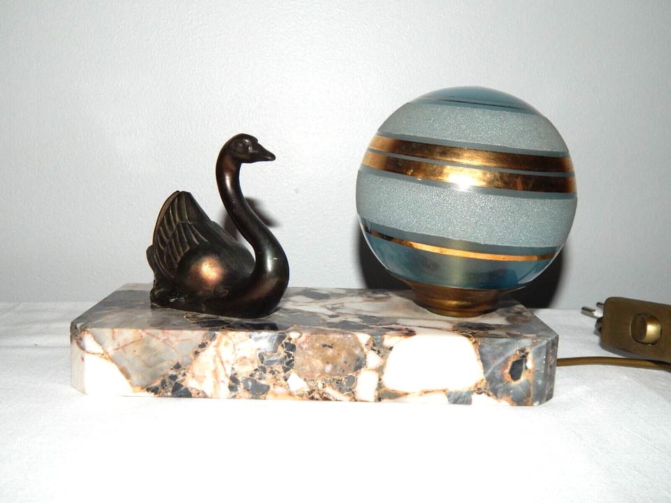 ANCIENNE Lampe VEILLEUSE Chevet Art Déco Décor CYGNE en Régule Socle en MARBRE — photo 2