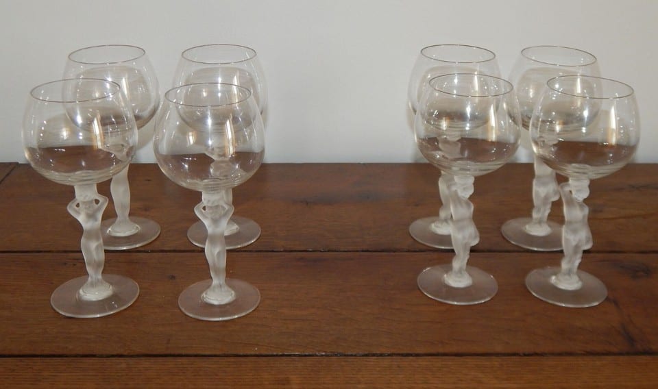 8 SUPERBE ANCIEN Verres à VIN en CRISTAL de BAYEL Bacchus Vénus
