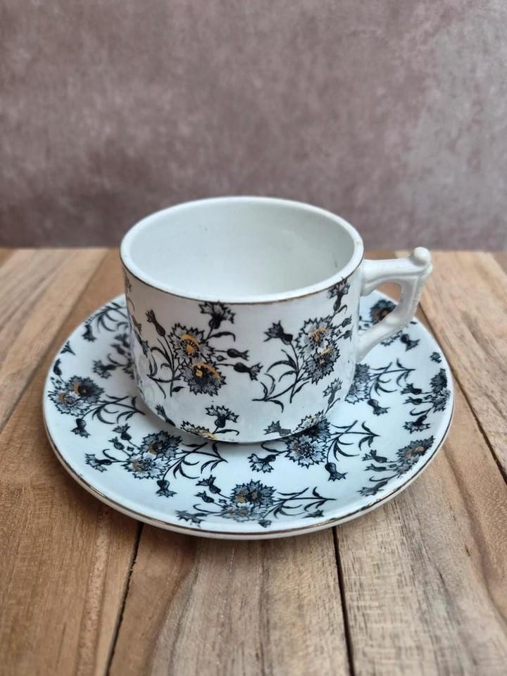 Tasse et soucoupe anciennes Gien – terre de fer – décor floral doré