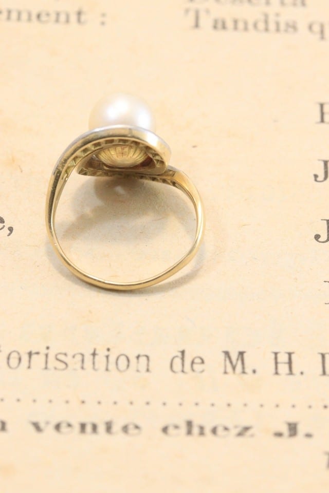 Bague ancienne or jaune et blanc 18 carat perle et diamants taille 46, 4 grammes — Foto 8