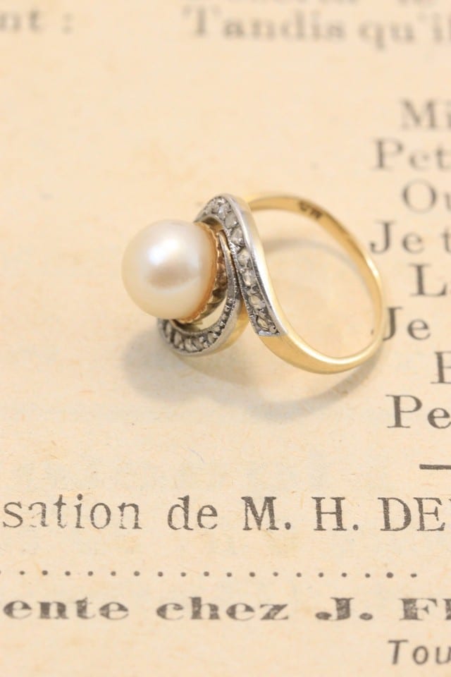 Bague ancienne or jaune et blanc 18 carat perle et diamants taille 46, 4 grammes — Foto 7