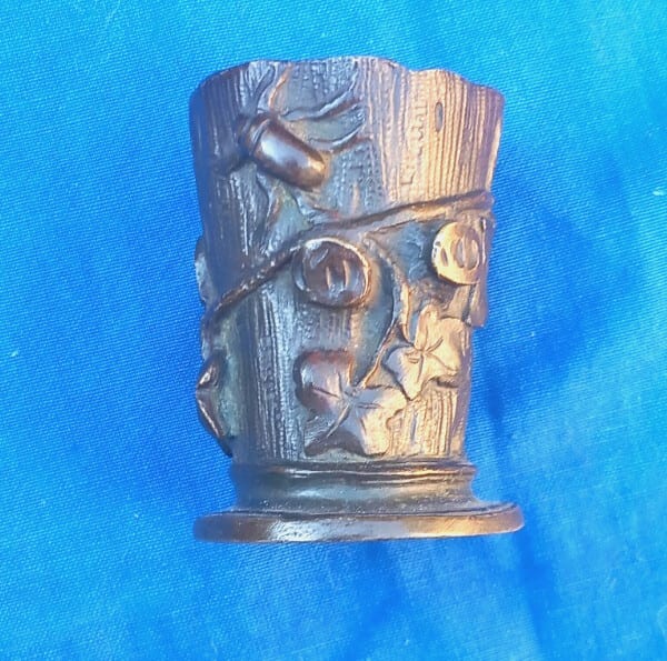 PYROGENE EN BRONZE ART NOUVEAU TRONC D'ARBRES - INSECTES- LIERRE — photo 2