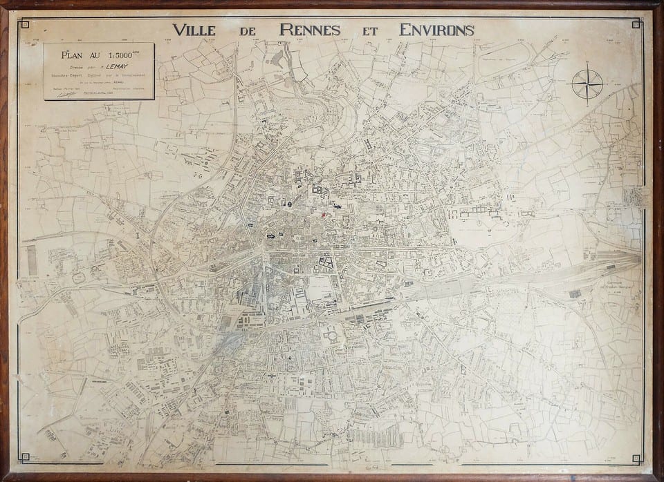 CARTE LEMAY 1958 VILLE DE RENNES ET ENVIRONS Bretagne Grand format sur châssis