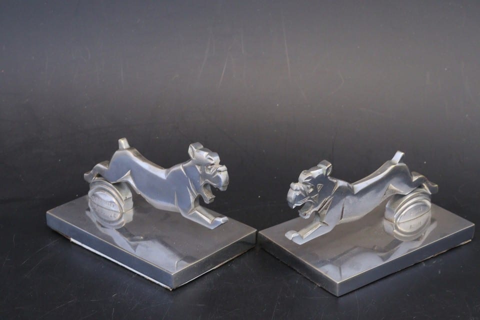Paire serre-livres Art Déco MORANTE mascottes chiens boxer bronze argenté — foto 2
