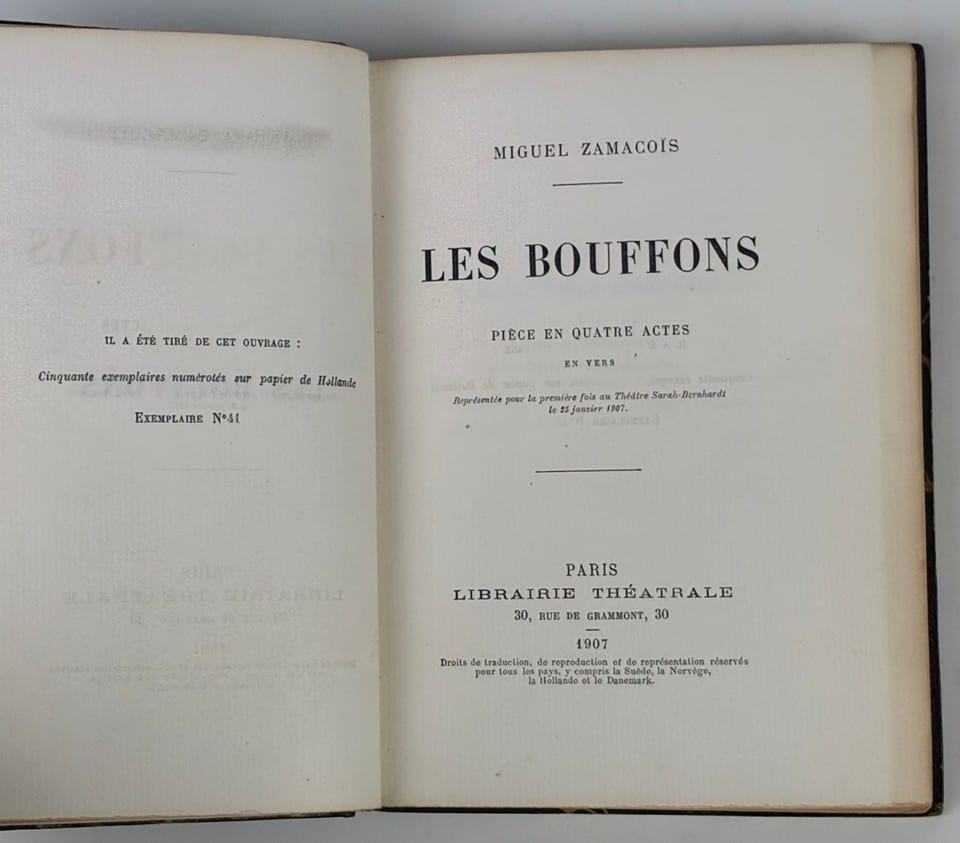 Livre 1907 Miguel Zamacoïs LES BOUFFONS sur papier de Hollande Reliure Carayon — photo 3