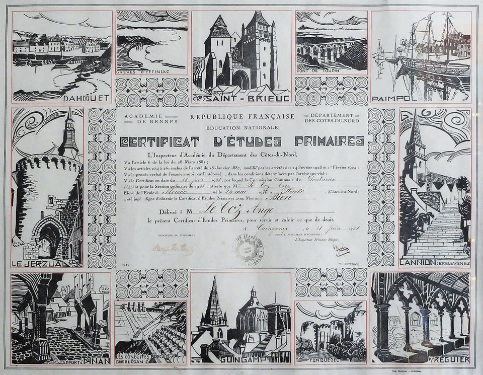 Certificat d'études 1938 ANGE LE COZ Bretagne Côtes-d'Armor Rennes Laval