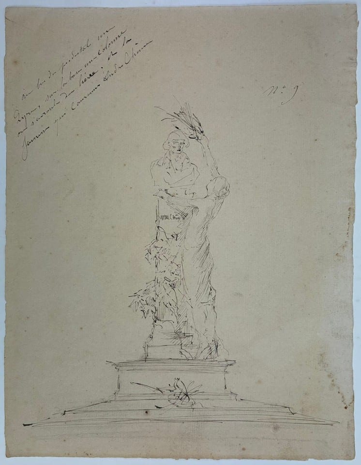 Dessin original XIXe PROJET DE MONUMENT COMMÉMORATIF AU POÈTE ANDRÉ CHÉNIER