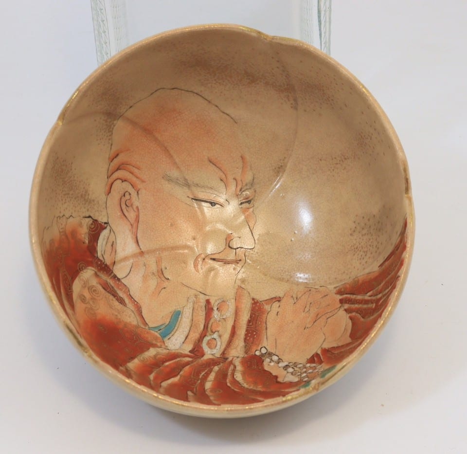Ancien bol à thé faïence céramique japon visage samouraï Satsuma période Meiji