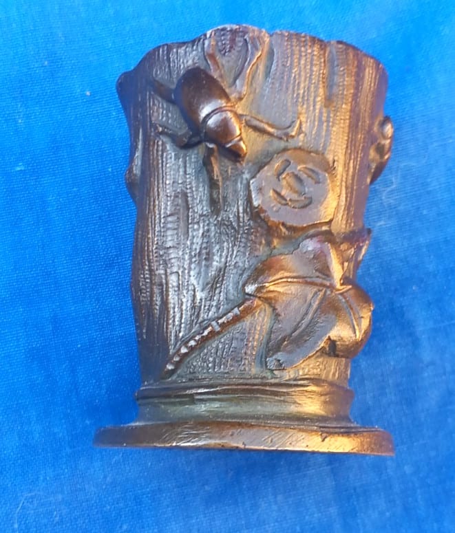 PYROGENE EN BRONZE ART NOUVEAU TRONC D'ARBRES - INSECTES- LIERRE — photo 3