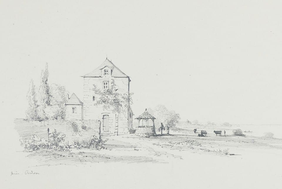 Dessin original milieu XIXe, Bords de Loire, Maison à Oudon, Loire-Atlantique