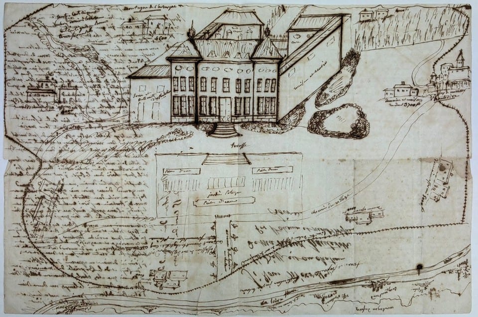 Dessin original XIXe CROQUIS DU CHÂTEAU DE MAGNEUX-HAUTE-RIVE Lettre autographe