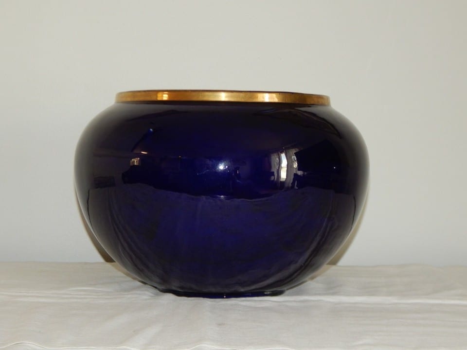ANCIEN Grand CACHE POT Bleu Cobalt Signé Moulin des Loups Hamage France — photo 5