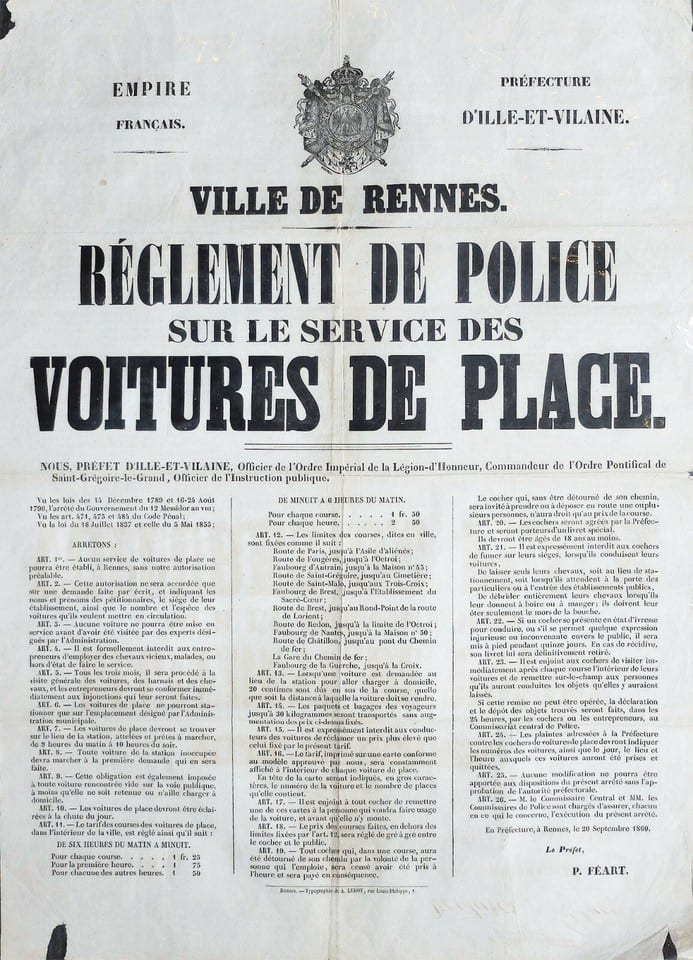 Placard Ville de Rennes 1860 RÉGLEMENT DE POLICE SERVICE DES VOITURES DE PLACE