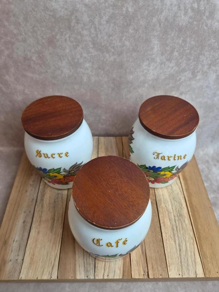 Lot de 3 pots à provisions vintage Brf – Café, Farine et Sucre – verre opalin — photo 2