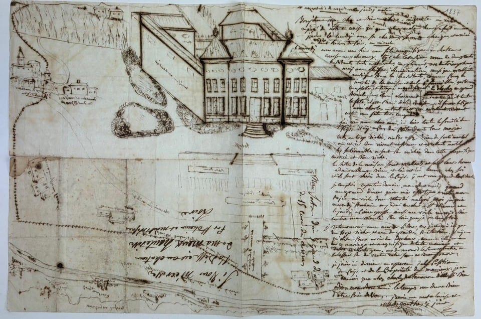 Dessin original XIXe CROQUIS DU CHÂTEAU DE MAGNEUX-HAUTE-RIVE Lettre autographe — photo 2