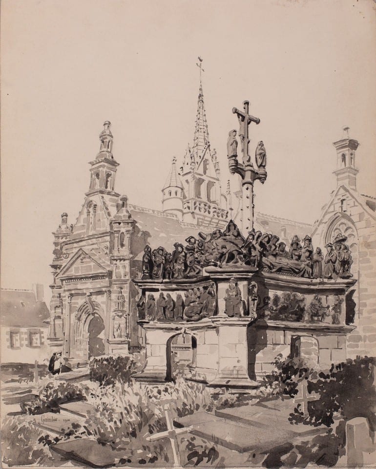 CALVAIRE DE GUIMILIAU 2 DESSINS ORIGINAUX 1900 Finistère enclos église ossuaire — photo 2