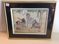 tableau avec aquarelle scene de rue avec enfants  vers année 50