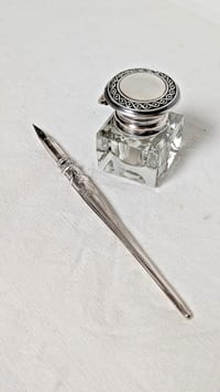 Ancien encrier en cristal et porte plume argent massif 925 Birmingham