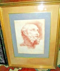 tableau avec sanguine tête d'homme regard ver le ciel XIXème