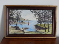 ANCIEN TABLEAU Huile sur Panneau "  Marine Paysage Mer Bateau " Signé P.ARNAUD