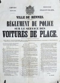 Placard Ville de Rennes 1860 RÉGLEMENT DE POLICE SERVICE DES VOITURES DE PLACE